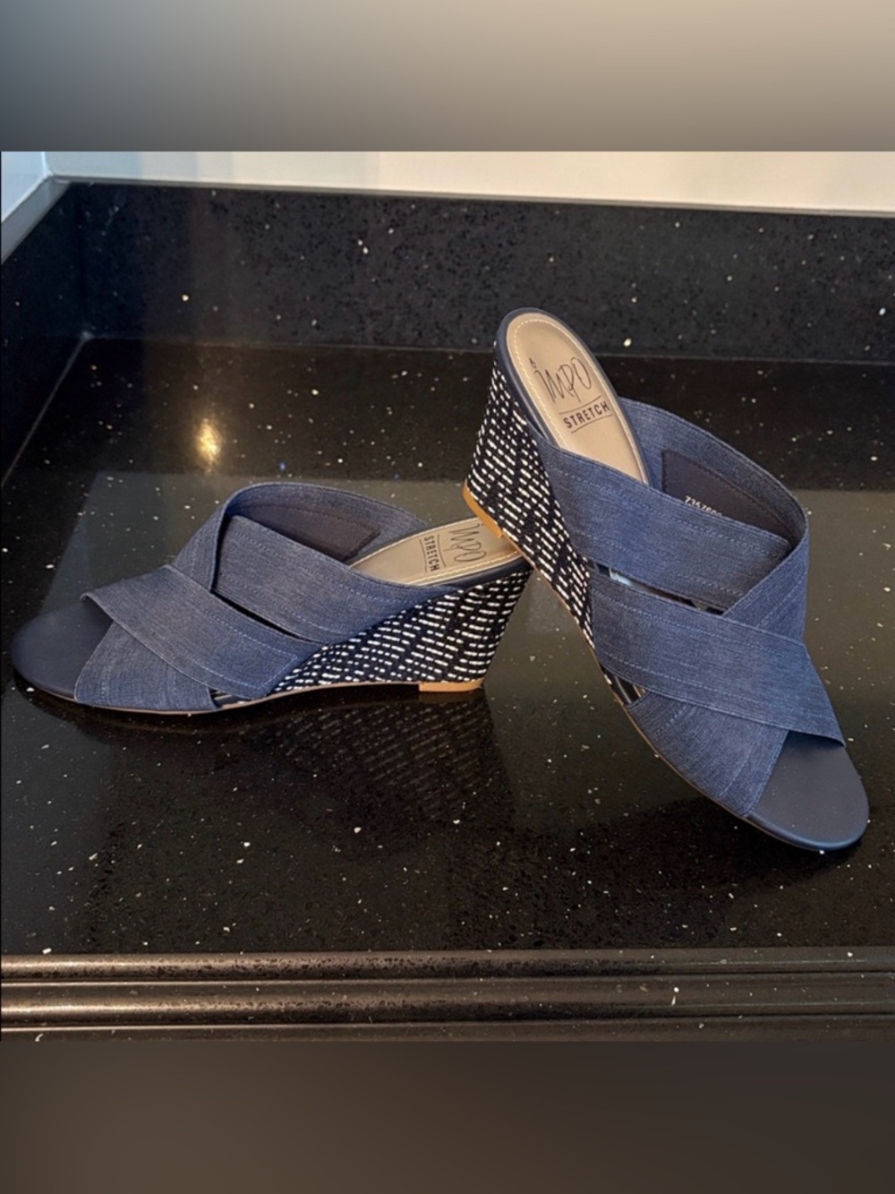 *Impo Denim Blue Stretch Wedges Sandals Mules Slides BOHO Beach Vacation